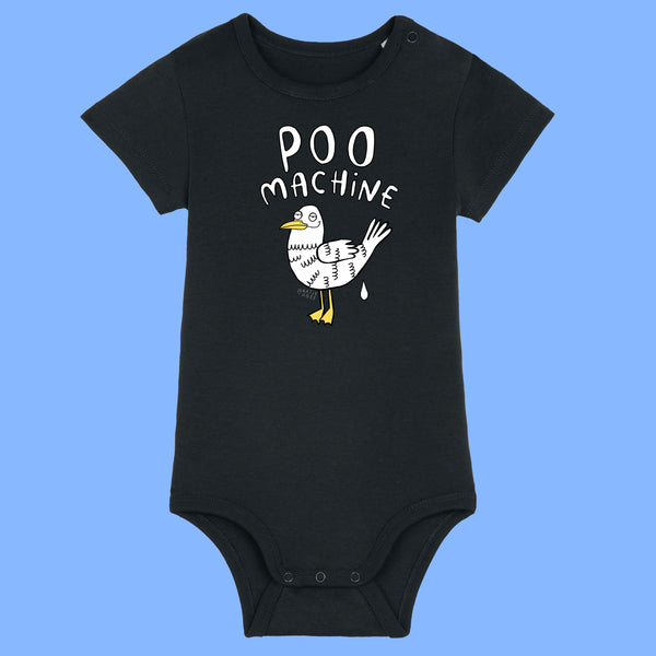 Black baby grow featuring the Katie Abey Poo Machine seagull illustration with funny text. Novelty baby babygrow made from organic cotton with short sleeves and popper fastening. Humorous baby outfit designed by UK illustrator Katie Abey.