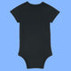 Black baby grow back view made from soft organic cotton with short sleeves and envelope neckline. Plain back design of the Katie Abey Poo Machine babygrow for babies aged 0 to 24 months. Humorous novelty baby clothing by UK illustrator Katie Abey.