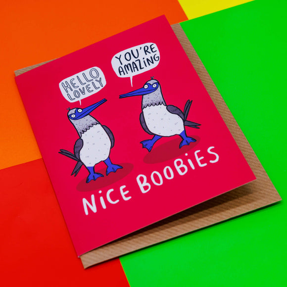 The Nice Boobies a6 Greeting Card designed and printed in the UK by Katie Abey.  The front cover is a hot pink colour with two booby birds smiling with speech bubbles above them reading 'Hello Lovely' and 'You're Amazing' and text below them reading 'Nice Boobies'.