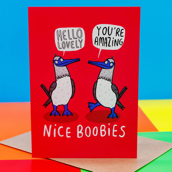 The Nice Boobies a6 Greeting Card designed and printed in the UK by Katie Abey. The card is stood upright on the brown envelope it comes with outside in a grassy area. The front cover is a hot pink colour with two booby birds smiling with speech bubbles above them reading 'Hello Lovely' and 'You're Amazing' and text below them reading 'Nice Boobies'.