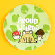 Quirky "Proud Weirdo" sticker by Katie Abey with a cheerful green background filled with leafy patterns. The design features a cute frog and two mushroom characters—one with a red spotted cap, the other with a dark brown cap—celebrating individuality. Displayed on a bright yellow backdrop, this circular sticker adds charm to any surface.