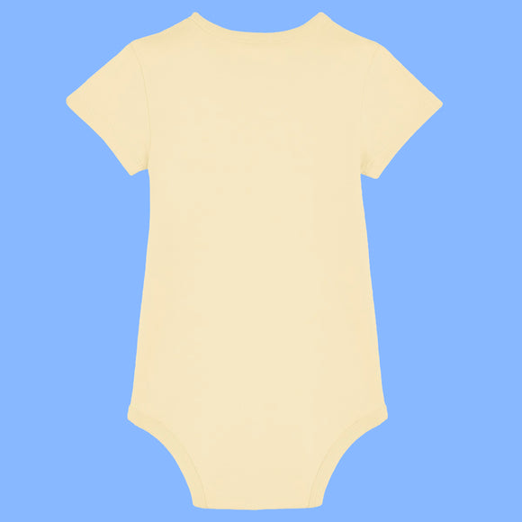 Butter yellow baby grow back view made from soft organic cotton with short sleeves and envelope neckline. Plain back design of the Katie Abey Poo Machine babygrow for babies aged 0 to 24 months. Funny novelty baby clothing by UK illustrator Katie Abey.