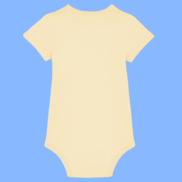 Butter yellow baby grow back view made from soft organic cotton with short sleeves and envelope neckline. Plain back design of the Katie Abey Poo Machine babygrow for babies aged 0 to 24 months. Funny novelty baby clothing by UK illustrator Katie Abey.
