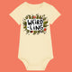 Butter yellow organic cotton baby bodysuit featuring the “Weird-Ling” illustration by Katie Abey. Playful woodland design with mushrooms, leaves and fun lettering celebrating being weird and unique. Short sleeve baby grow with shoulder snaps and popper fastening for comfort and convenience.