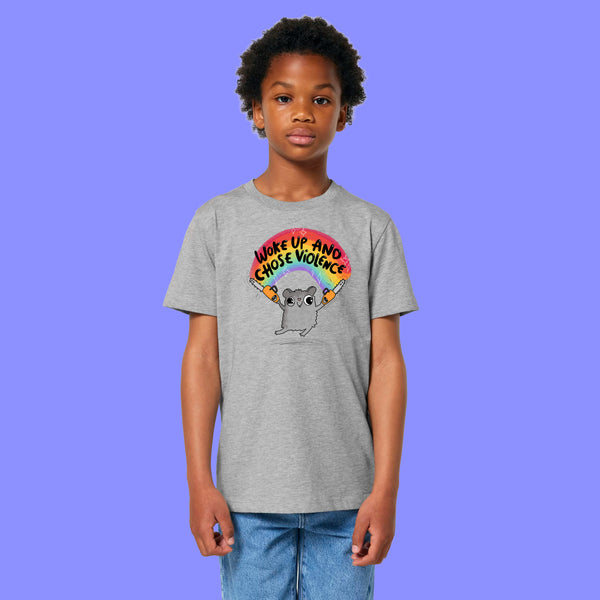 Front view of a child wearing the heather grey Woke Up And Chose Violence Hamster Kids Tee by Katie Abey. Shows a cheeky hamster illustration with rainbow and slogan, printed on a soft heather grey organic cotton children’s t shirt.