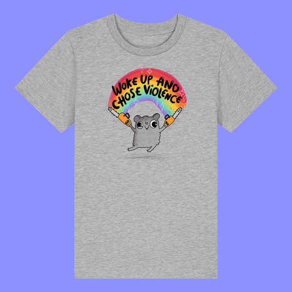 Kids heather grey t shirt laid flat showing the front of the Woke Up And Chose Violence Hamster Kids Tee by Katie Abey. Features a bold illustrated hamster holding chainsaws under a rainbow with playful text, printed on soft organic cotton.