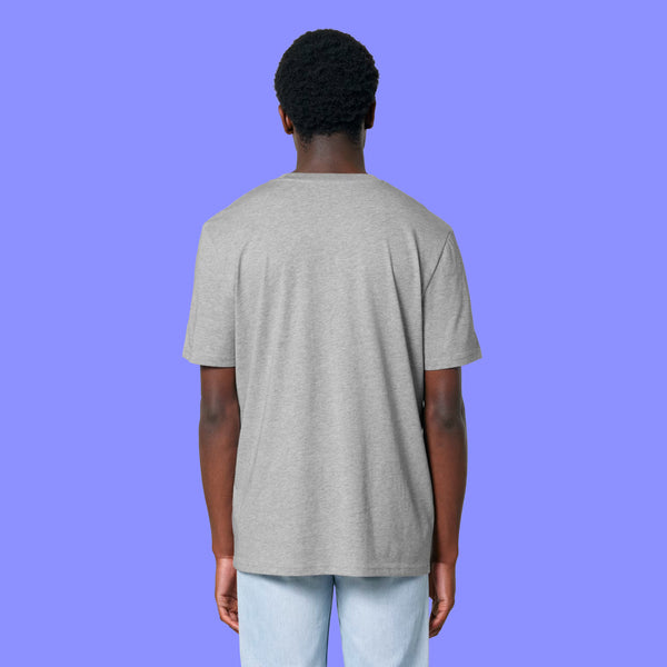 Heather grey Woke Up And Chose Violence Hamster Adults Tee worn from the back on a second model. This unisex T shirt is simple on the back with a soft cotton feel and a playful illustrated front design.