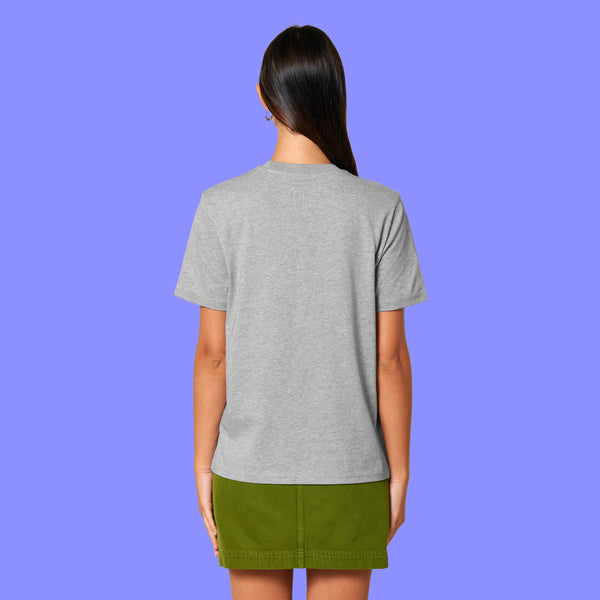 Heather grey Woke Up And Chose Violence Hamster Adults Tee shown from the back worn by a model. The unisex T shirt has short sleeves, a relaxed fit and a plain back, perfect for casual wear.