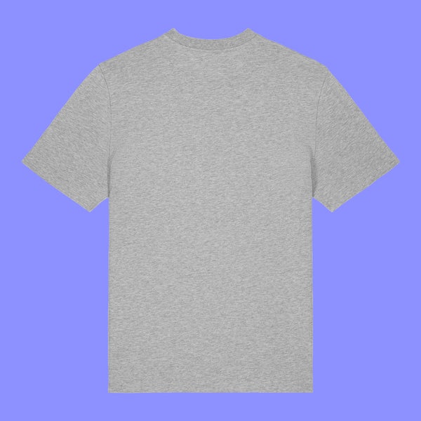 Heather grey unisex T shirt laid flat showing the back view. The Woke Up And Chose Violence Hamster Adults Tee by Katie Abey has a plain back, relaxed fit and soft fabric for comfortable everyday styling.