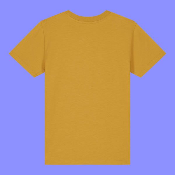 Kids ochre t shirt laid flat showing the back of the Woke Up And Chose Violence Hamster Kids Tee by Katie Abey. Plain mustard yellow organic cotton children’s t shirt with short sleeves and a classic crew neckline, designed for everyday wear.