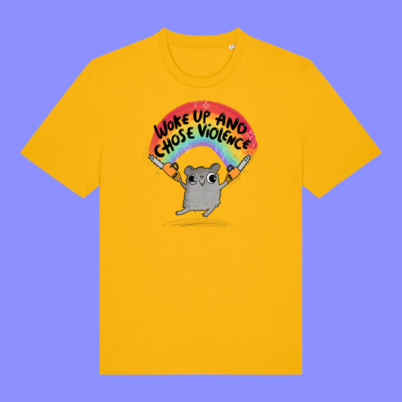 Spectra yellow unisex T shirt laid flat showing the front design. The Woke Up And Chose Violence Hamster Adults Tee features a cute grey hamster holding chainsaws under a rainbow with bold slogan text by Katie Abey.