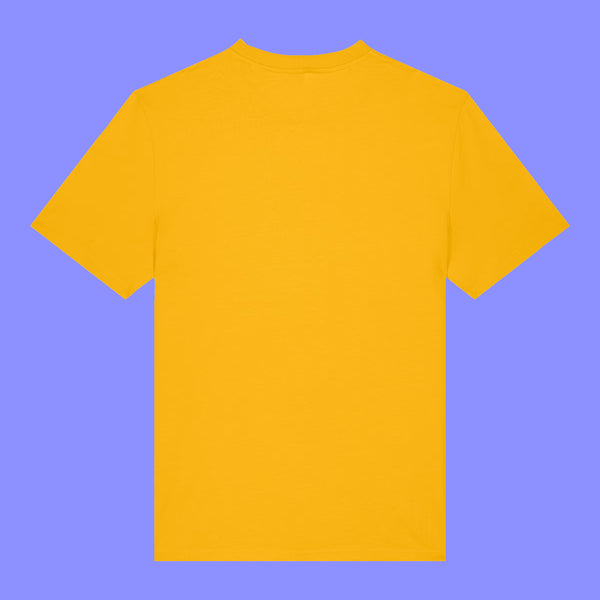 Spectra yellow unisex T shirt laid flat showing the back view. The Woke Up And Chose Violence Hamster Adults Tee has a plain back, short sleeves and a relaxed fit, ideal for everyday wear.