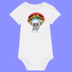 White baby babygrow featuring Katie Abey Woke Up and Chose Violence hamster illustration with rainbow and chainsaws. Short sleeve organic cotton baby bodysuit with snap shoulder opening and popper closure, perfect for quirky baby gifts.
