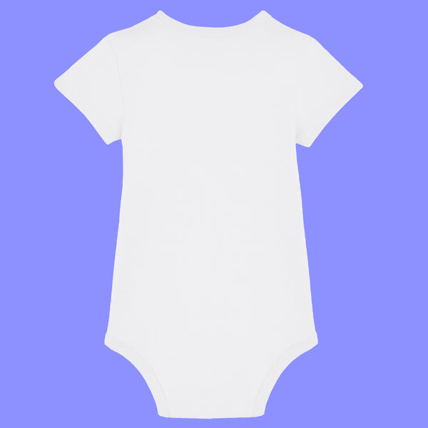 White baby short sleeve babygrow shown from the back. Minimal plain design made from organic cotton with soft rib binding at the neckline and leg openings. Features snap fastenings at the bottom for easy changing.