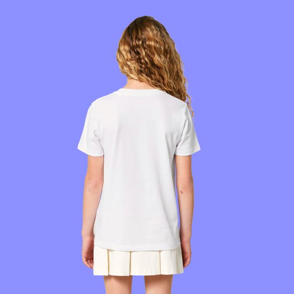 Back view of a child wearing the white Woke Up And Chose Violence Hamster Kids Tee by Katie Abey. Soft organic cotton children’s t shirt with short sleeves and a relaxed fit, photographed against a purple background.