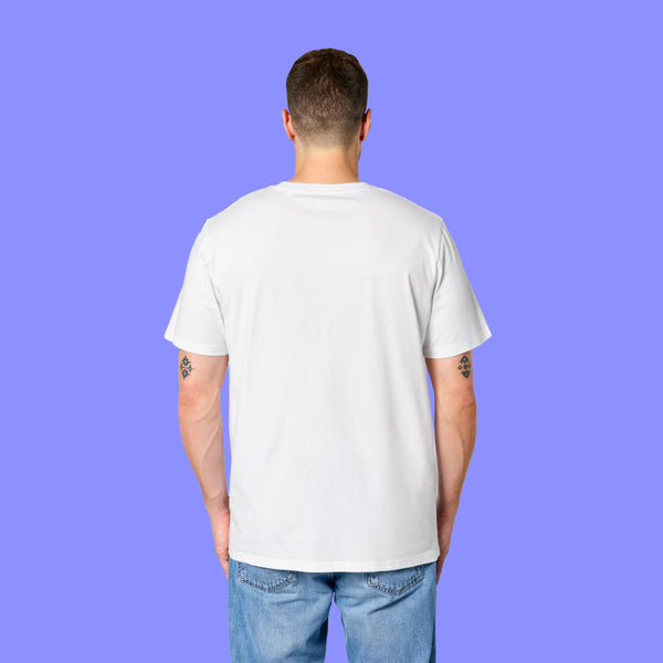 White Woke Up And Chose Violence Hamster Adults Tee shown from the back on a second model. The unisex fit T shirt is plain on the back and made for comfortable everyday wear with a playful illustrated front.