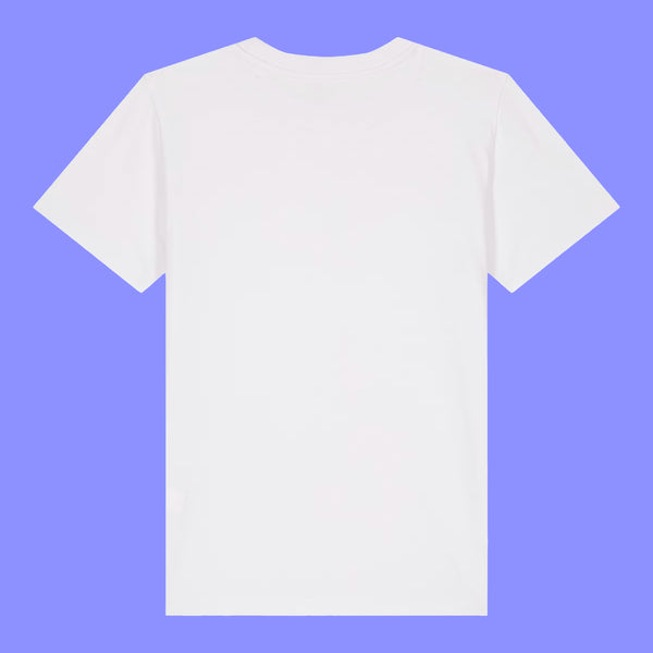 Kids white t shirt laid flat showing the plain back of the Woke Up And Chose Violence Hamster Kids Tee by Katie Abey. Plain white organic cotton children’s t shirt with short sleeves and a crew neck, perfect for everyday wear.