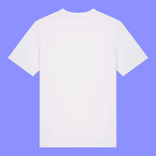 White unisex T shirt laid flat showing the back view. The Woke Up And Chose Violence Hamster Adults Tee by Katie Abey is plain on the back, made from soft cotton with a relaxed fit, perfect for everyday wear and bold illustrated designs.