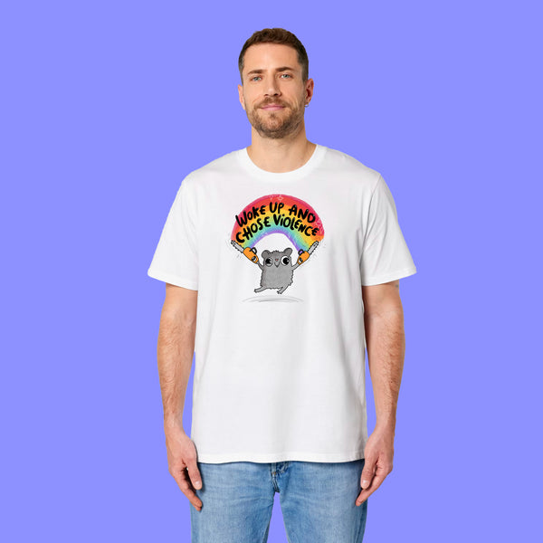 White Woke Up And Chose Violence Hamster Adults Tee worn by a model from the front. The design shows a cute hamster holding chainsaws beneath a rainbow with bold slogan text, created by illustrator Katie Abey.