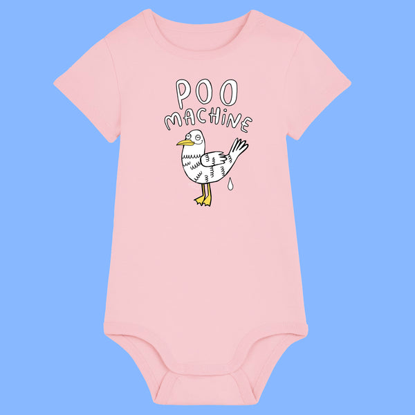 Cotton pink baby grow featuring the Katie Abey Poo Machine seagull illustration with playful text. Funny baby babygrow made from soft organic cotton with short sleeves and popper fastening. Cute novelty baby clothing designed by UK illustrator Katie Abey.