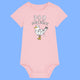 Cotton pink baby grow featuring the Katie Abey Poo Machine seagull illustration with playful text. Funny baby babygrow made from soft organic cotton with short sleeves and popper fastening. Cute novelty baby clothing designed by UK illustrator Katie Abey.