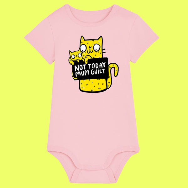 Cotton pink organic baby grow featuring a bright yellow cartoon cat holding a sign saying “Not Today Mum Guilt”. Designed by UK illustrator Katie Abey, this humorous baby outfit is soft, comfy and perfect for babies aged 0 to 24 months, making a great gift for new parents.