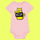 Cotton pink organic baby grow featuring a bright yellow cartoon cat holding a sign saying “Not Today Mum Guilt”. Designed by UK illustrator Katie Abey, this humorous baby outfit is soft, comfy and perfect for babies aged 0 to 24 months, making a great gift for new parents.