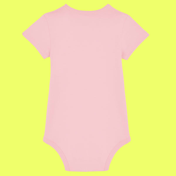 Back view of cotton pink organic baby grow with short sleeves, soft interlock fabric and popper fastening. Minimal back design of the “Not Today Mum Guilt” babygrow by Katie Abey, a UK illustrator known for funny and uplifting designs that celebrate being weird.