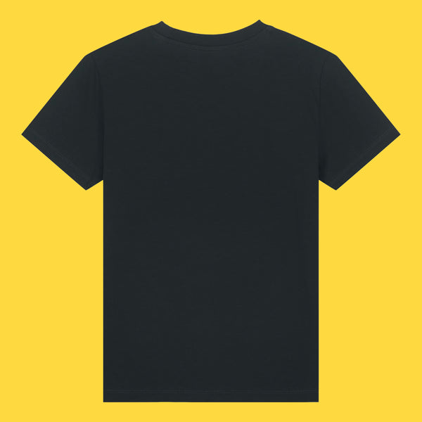 Back view of the Cute But Feral Cat Kids T Shirt by Katie Abey in black. Children’s organic cotton short sleeve tee shown flat on a bright yellow background, with a plain back, crew neckline and comfy everyday fit.