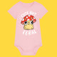 Pink baby grow featuring the Cute But Feral Cat illustration by Katie Abey. The playful design shows a wide eyed cartoon cat under a red spotted mushroom with bold Cute But Feral text. Made from organic cotton with shoulder snaps and bottom poppers for easy changing.