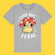 Front view of the Cute But Feral Cat Kids T Shirt by Katie Abey in heather grey. Kids organic cotton tee featuring a cute illustrated feral cat under a red spotted mushroom with the slogan Cute But Feral, photographed on a bright yellow background.
