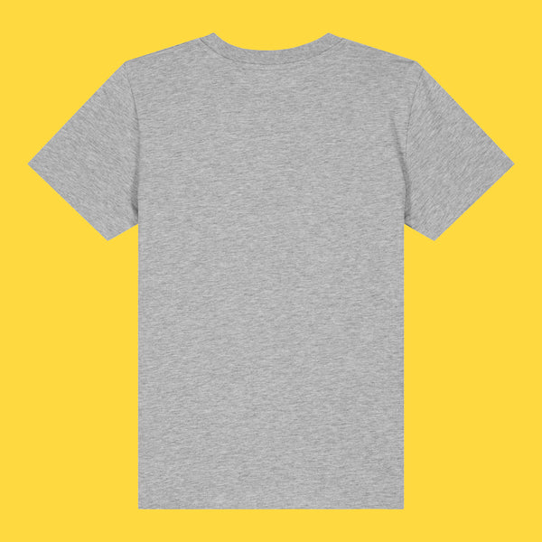 Back view of the Cute But Feral Cat Kids T Shirt by Katie Abey in heather grey. Children’s organic cotton short sleeve tee shown flat on a bright yellow background, featuring a plain back, crew neckline and relaxed unisex fit.