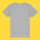 Back view of the Cute But Feral Cat Kids T Shirt by Katie Abey in heather grey. Children’s organic cotton short sleeve tee shown flat on a bright yellow background, featuring a plain back, crew neckline and relaxed unisex fit.