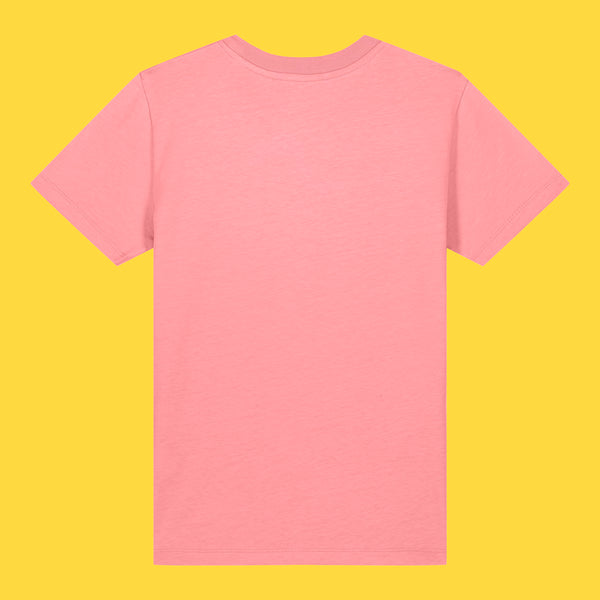 Back view of the Cute But Feral Cat Kids T Shirt by Katie Abey in pink joy. Children’s short sleeve organic cotton tee shown flat on a bright yellow background, featuring a plain back with a classic crew neckline and relaxed unisex fit.