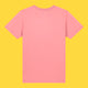 Back view of the Cute But Feral Cat Kids T Shirt by Katie Abey in pink joy. Children’s short sleeve organic cotton tee shown flat on a bright yellow background, featuring a plain back with a classic crew neckline and relaxed unisex fit.