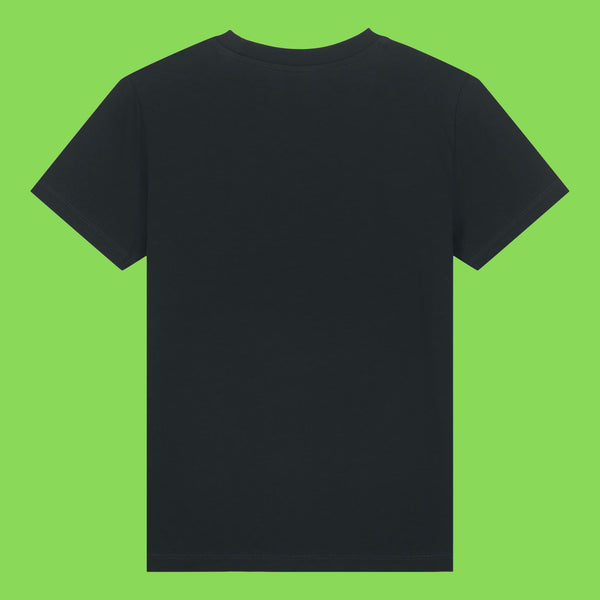 Back view of Embrace Your Weirdness kids t shirt by Katie Abey in black. Plain black organic cotton children’s t shirt shown flat with short sleeves and classic crew neckline. Soft single jersey fabric designed for comfort and everyday wear.