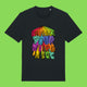 Black Embrace Your Weirdness adults t shirt laid flat showing the front. Features a colourful rainbow inspired illustration with the slogan Embrace Your Weirdness printed on the chest.
