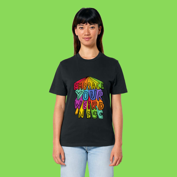 Front view of a second model wearing the black Embrace Your Weirdness adults t shirt. The colourful artwork and relaxed fit show how the tee suits different body types.