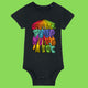 Black baby babygrow featuring bright rainbow Embrace Your Weirdness artwork by Katie Abey. Short sleeve organic cotton baby vest with snap closures at shoulder and bottom. Fun alternative baby clothing celebrating being different from day one.