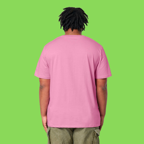 Back view of a model wearing the pink Embrace Your Weirdness adults t shirt. The plain pink back and short sleeves highlight the comfortable unisex fit and soft fabric.