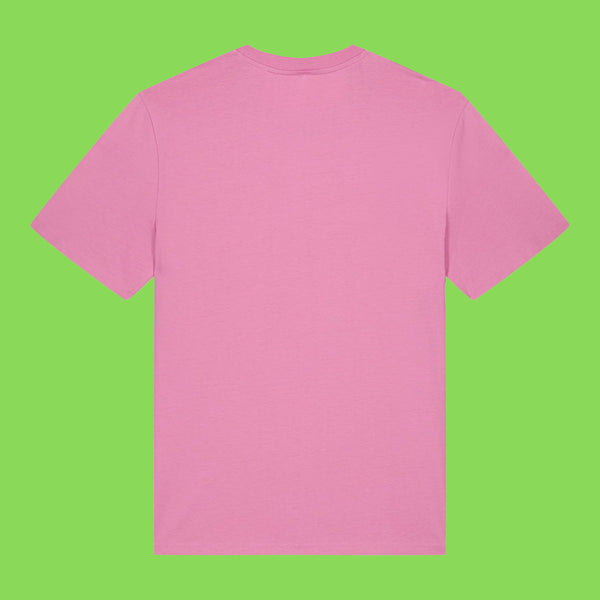Pink Embrace Your Weirdness adults t shirt laid flat showing the back. Plain bubblegum pink tee with short sleeves and a relaxed unisex fit. Designed by Katie Abey, an illustrator and small business celebrating creativity and individuality.