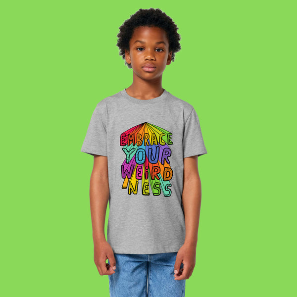 Child wearing Embrace Your Weirdness kids t shirt by Katie Abey in heather grey. Features bright rainbow lettering artwork by Katie Abey celebrating being proudly weird. Soft organic cotton tee for expressive kids.
