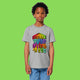 Child wearing Embrace Your Weirdness kids t shirt by Katie Abey in heather grey. Features bright rainbow lettering artwork by Katie Abey celebrating being proudly weird. Soft organic cotton tee for expressive kids.
