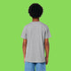 Back view of child wearing Embrace Your Weirdness kids t shirt by Katie Abey in heather grey. Plain back organic cotton tee with relaxed fit and short sleeves. Comfortable kids clothing for play and creativity.