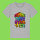 Front view of Embrace Your Weirdness kids t shirt by Katie Abey in heather grey. Colourful illustrated text artwork reading Embrace Your Weirdness. Organic cotton kids tee with classic fit and bold playful design.