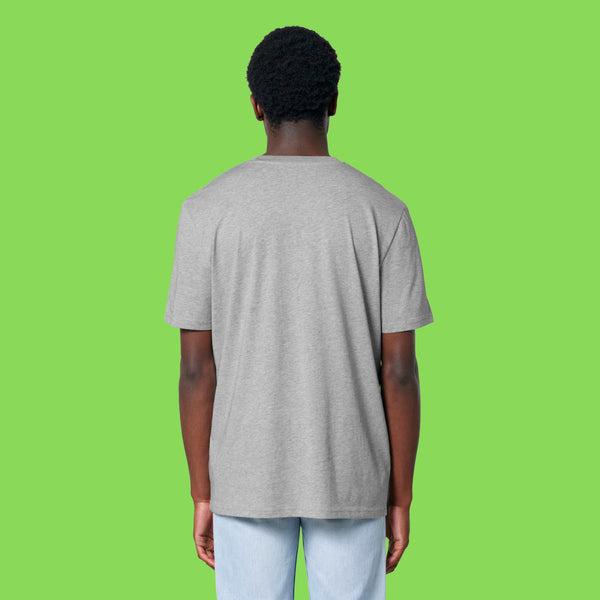 Back view of a second model wearing the heather grey Embrace Your Weirdness adults t shirt. The soft grey fabric and short sleeves show the comfortable everyday fit.