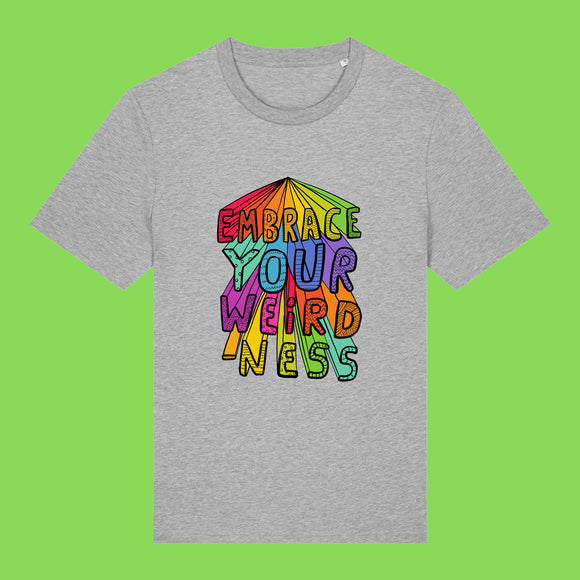 Heather grey Embrace Your Weirdness adults t shirt laid flat showing the front. Features a colourful illustrated Embrace Your Weirdness slogan on the chest. Fun bold design by small business illustrator Katie Abey.