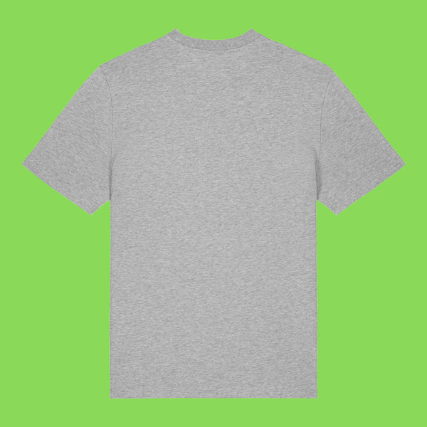 Heather grey Embrace Your Weirdness adults t shirt laid flat showing the back. Plain grey unisex t shirt with short sleeves and a relaxed fit. Designed by Katie Abey, an illustrator encouraging creativity and self expression.