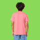 Back view of child wearing Embrace Your Weirdness kids t shirt by Katie Abey in pink joy. Plain pink organic cotton tee shown on model with relaxed fit, short sleeves and crew neckline. Fun inclusive kids clothing.