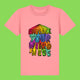 Front view of Embrace Your Weirdness kids t shirt by Katie Abey in pink joy. Features colourful rainbow style typography artwork reading Embrace Your Weirdness. Organic cotton children’s tee with short sleeves and classic crew neck.